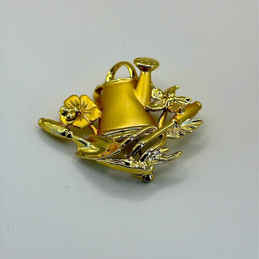 AJC Gardening Tools With Watering Can Vintage Gold Tone Brooch